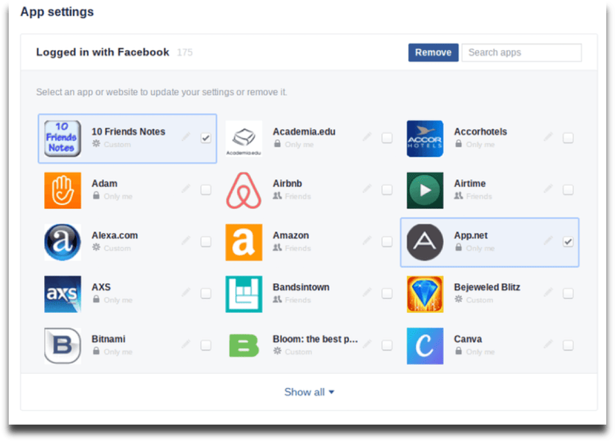 Bulk remove Facebook apps.