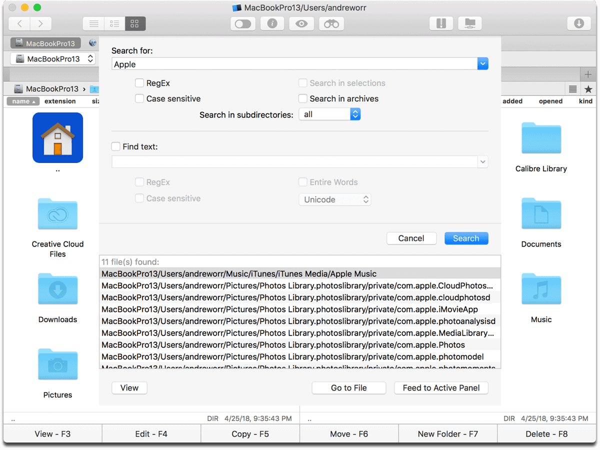 Mac Finder replacement Commander One has powerful search capabilities.