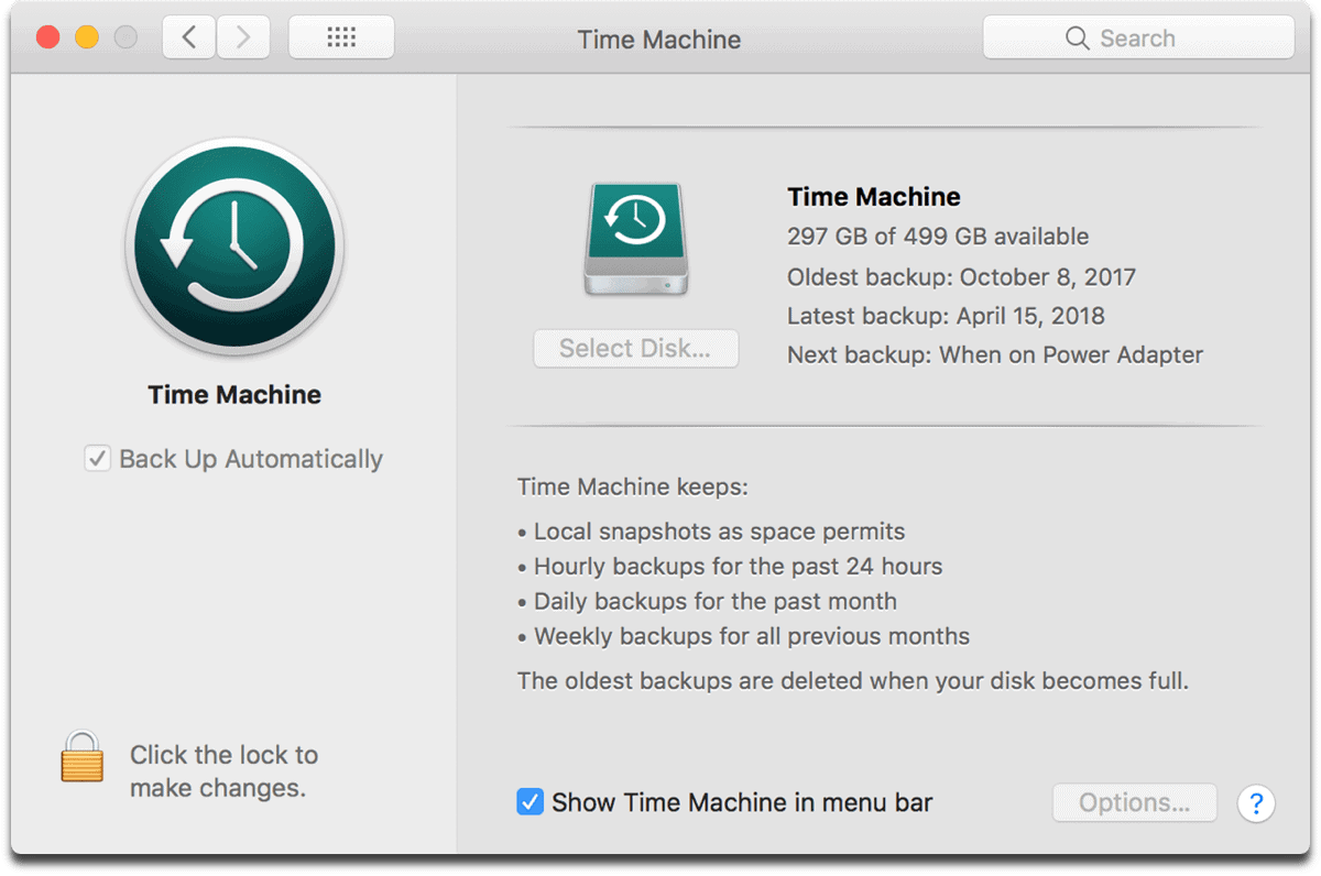 Screenshot of Time Machine, an example of data backup.