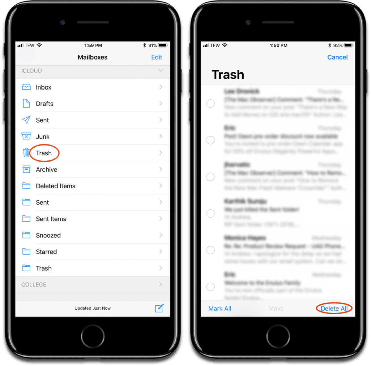 Delete iOS mail from trash.