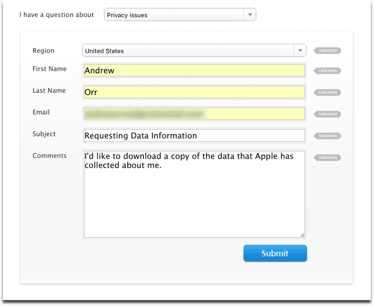 Screenshot of a form used to download Apple ID data.