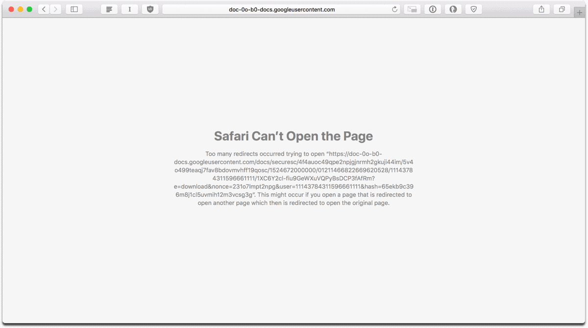 Screenshot of the Google Drive redirects error in Safari.