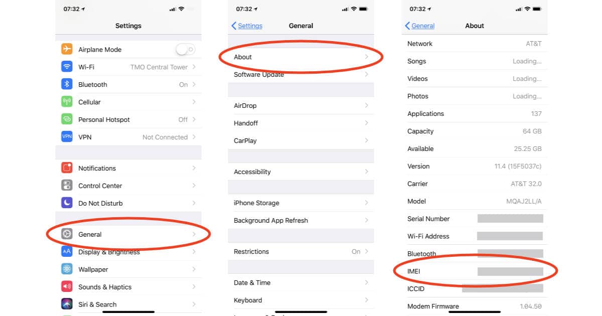 iPhone Settings showing IMEI number