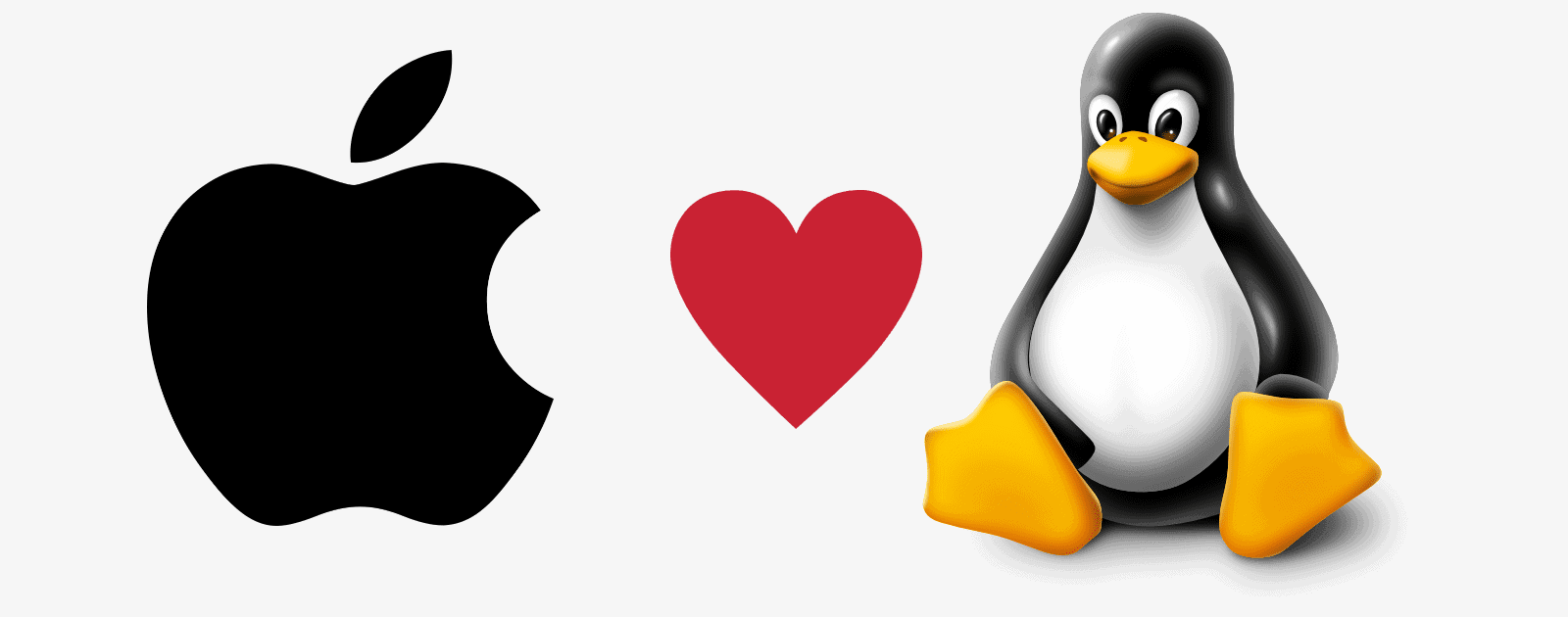 Apple is looking for Linux kernel developers. Image of Apple logo, heart, and Tux the penguin.
