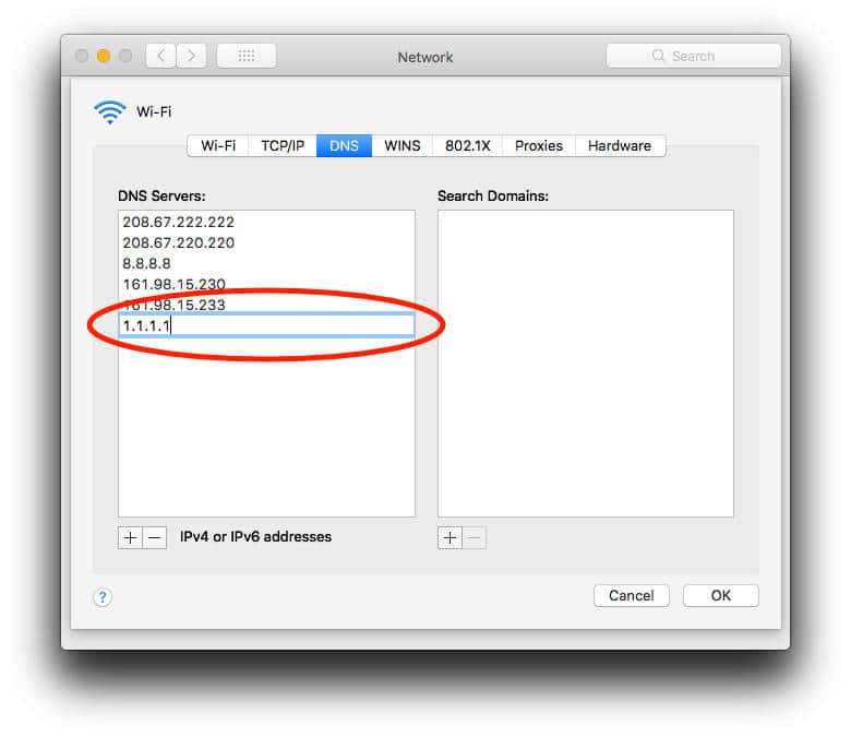 Entering DNS server address in macOS network settings