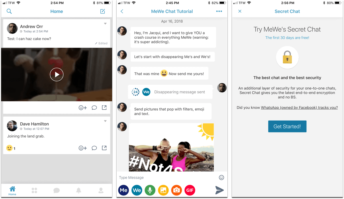 Screenshots of MeWe chats, a private social network.
