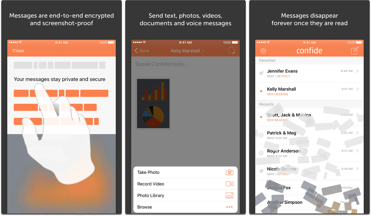 Screenshots of Confide in our list of private chat apps.