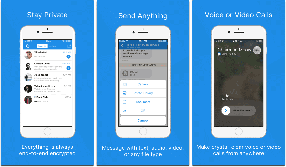 Screenshots of Signal in our list of private chat apps.