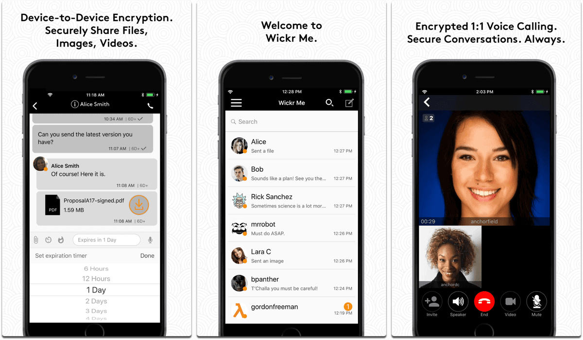 Screenshots of Wickr Me in our list of private chat apps.