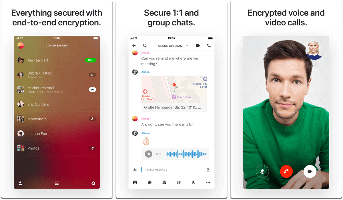 Screenshots of Wire in our list of private chat apps.