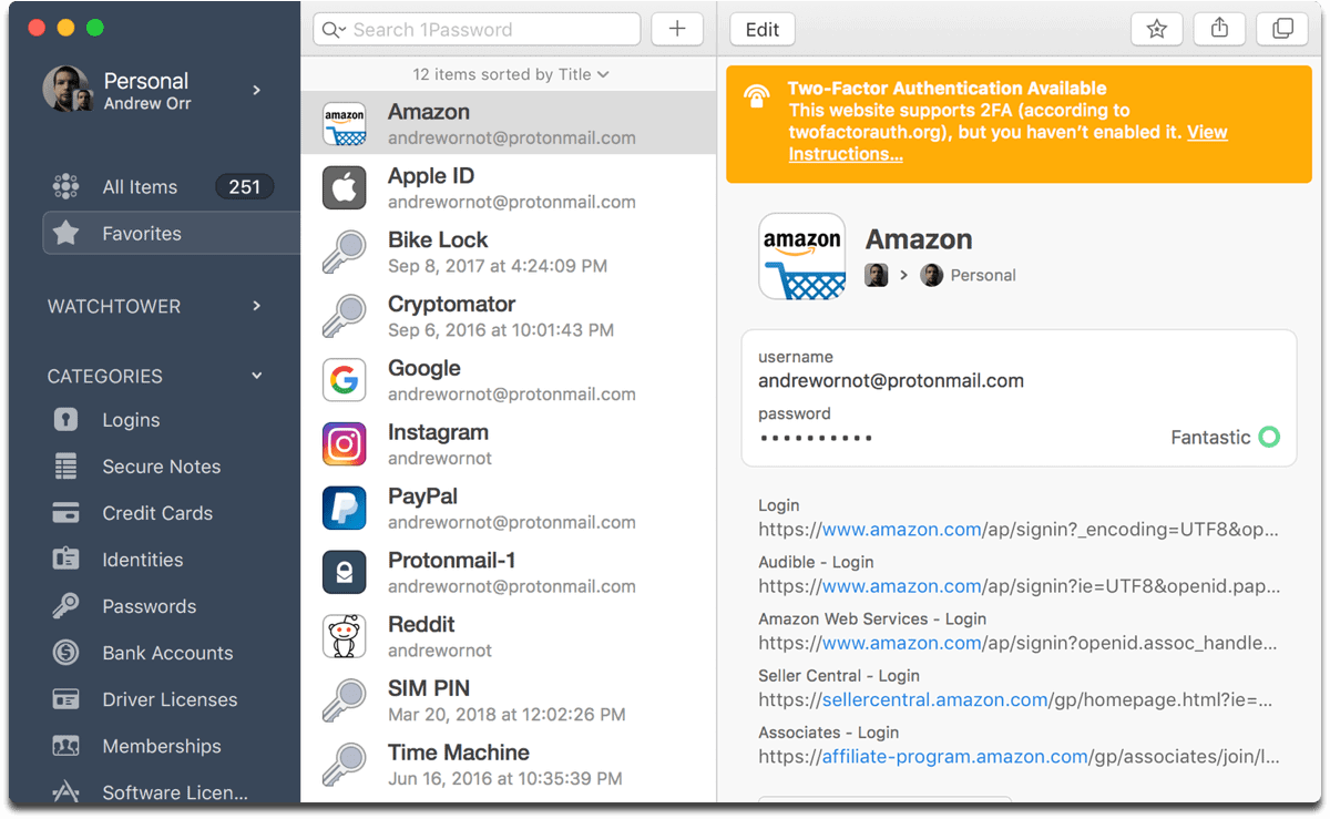 Image of 1Password 7. 1Password 7 now lets you can which accounts you can add two-factor authentication to.