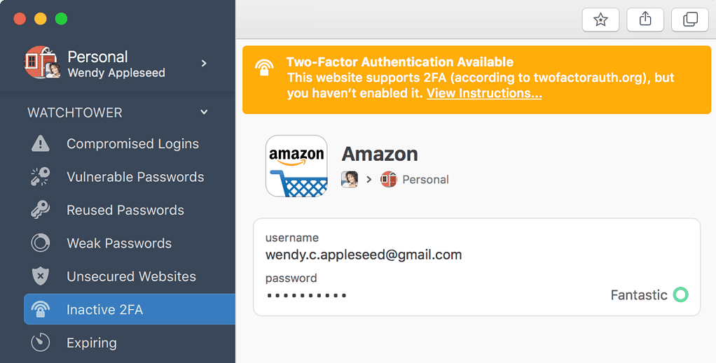 1Password 7's new alert for sites that offer 2-factor authentication that's not yet enabled. 