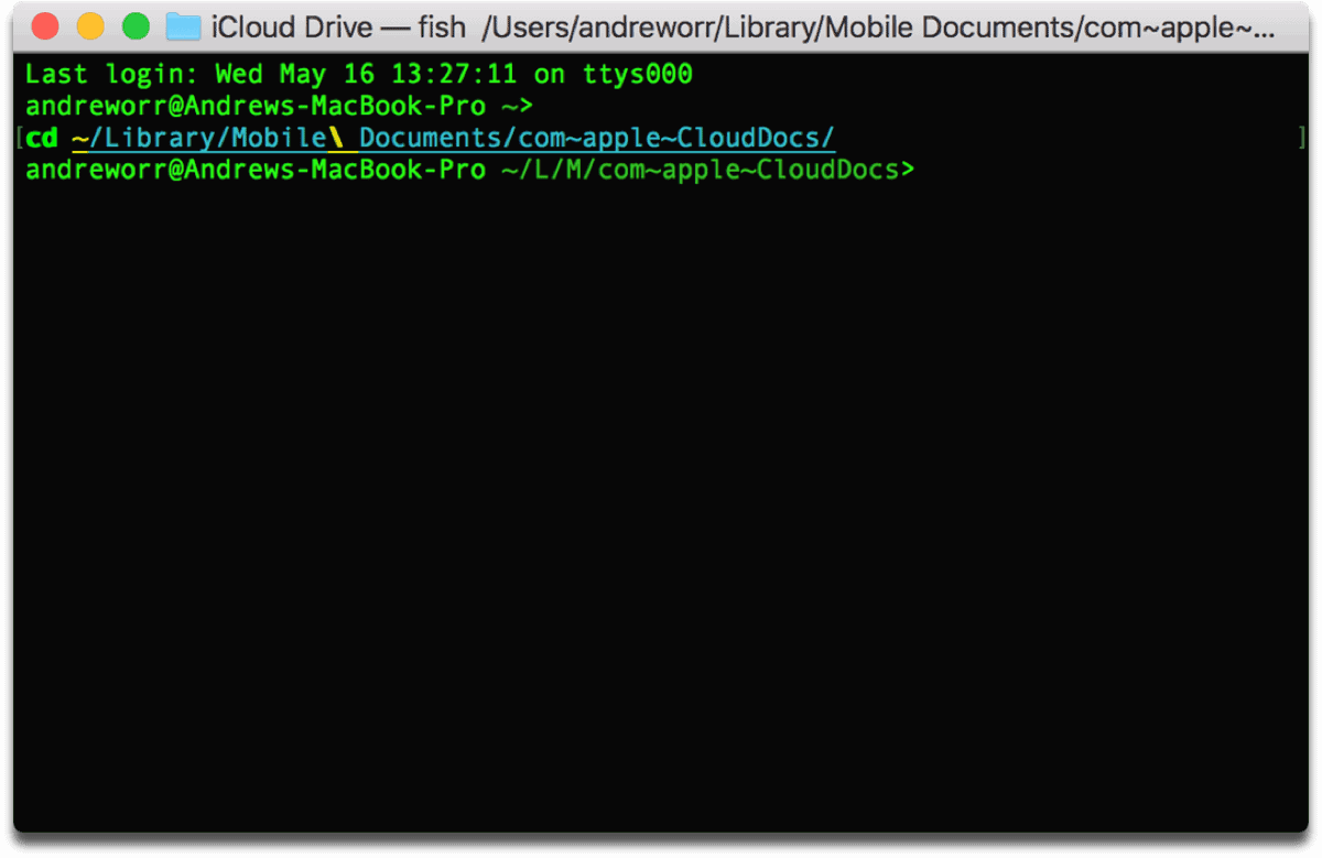 Changing directories to access iCloud Drive in Terminal.