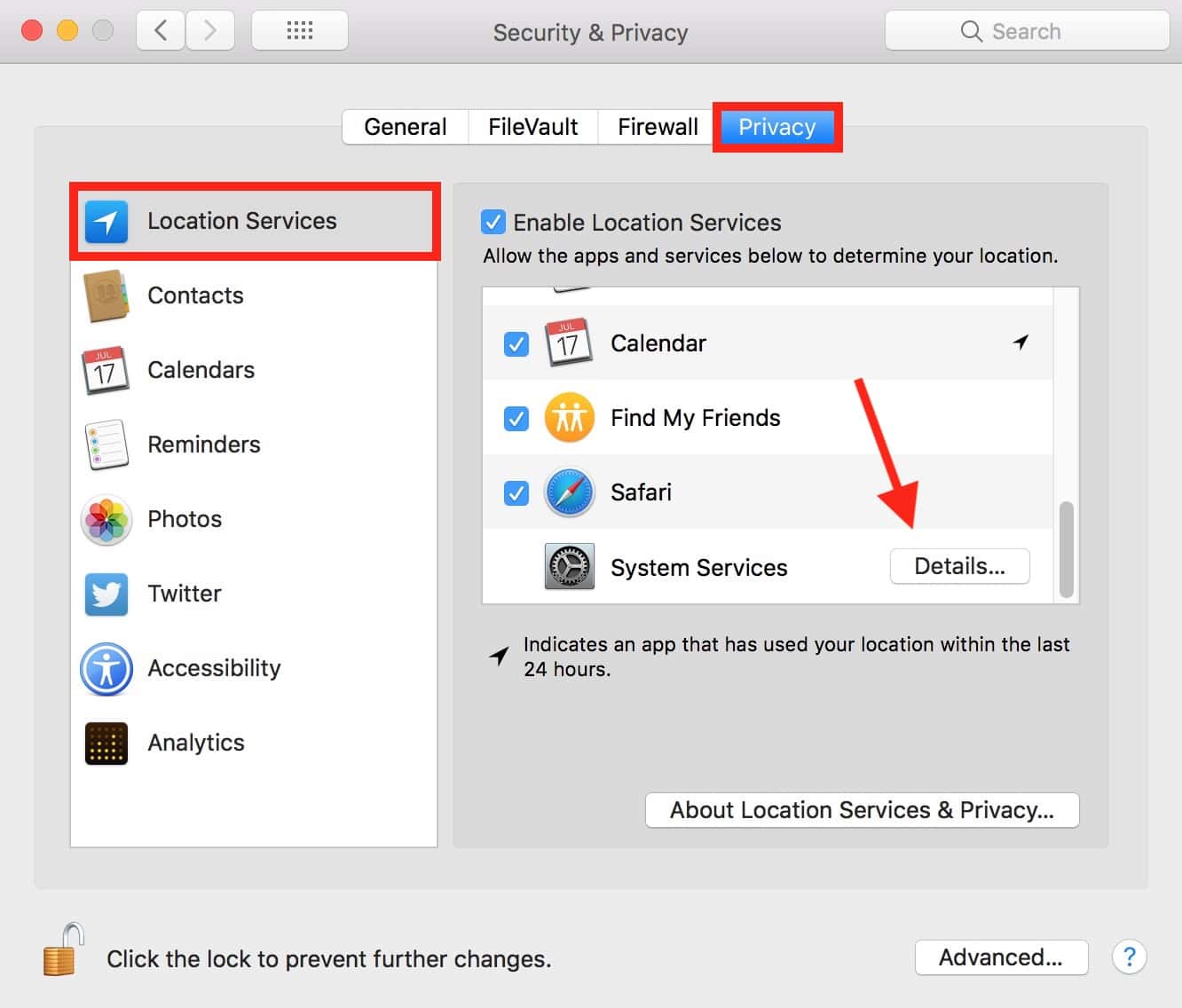 "Details" Button Under "Privacy" Tab in Security & Privacy Preferences on the Mac