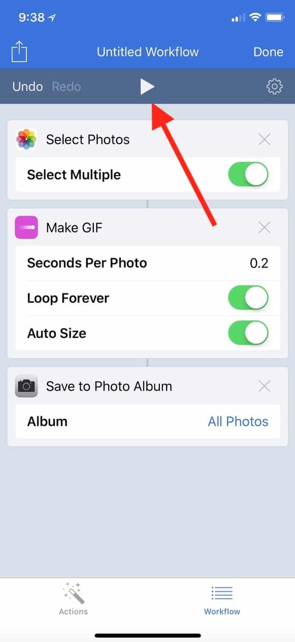 Play Button in animated GIF Workflow on iPhone X