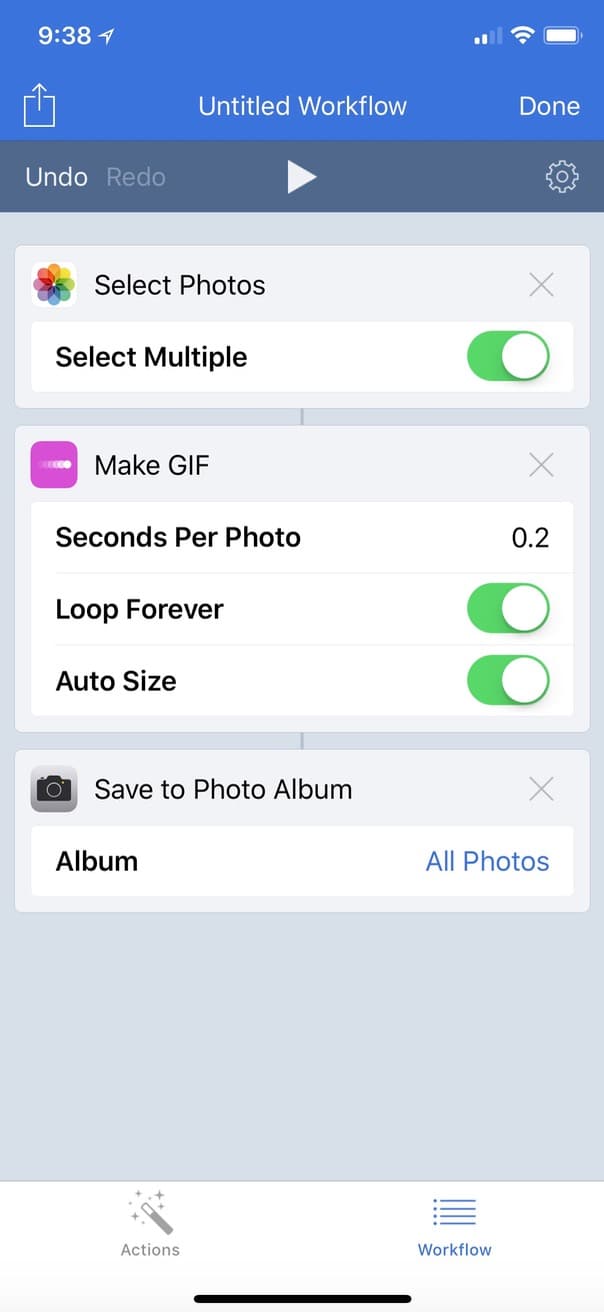 Workflow for creating an animated GIF on iPhone X completed