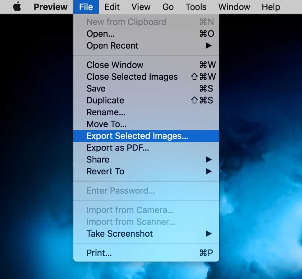 Export Selected Images option in Preview File menu on the Mac