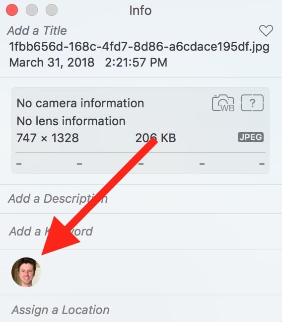 Face Shown in "Get Info" Window for an image in Photos on the Mac