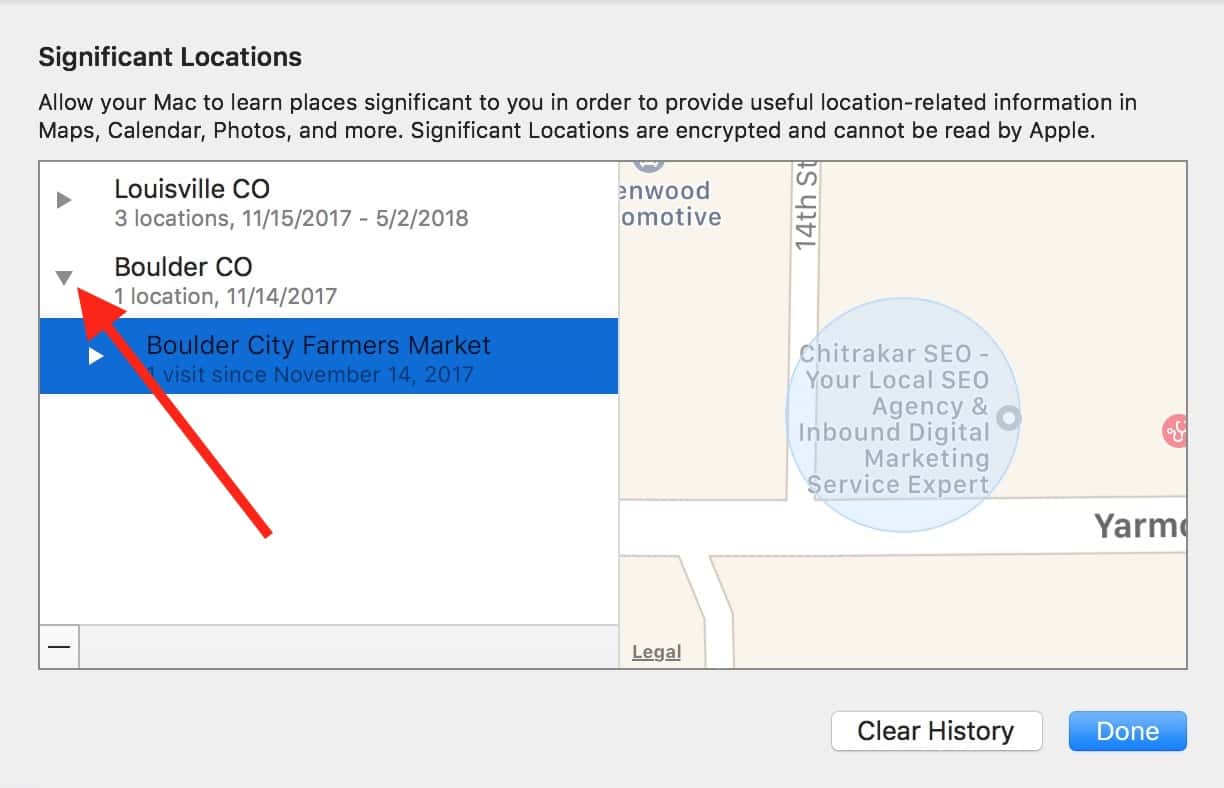 Drop-down Arrow in Significant Locations list shows details for the locations your Mac has tagged