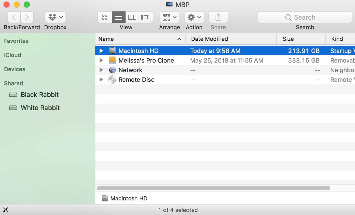 Macintosh HD in Finder window in macOS