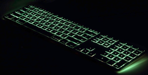 Matias keyboard glamor shot, green backlighting.