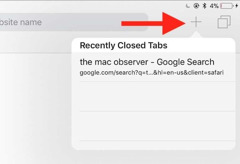 Plus Button in Safari on iPad for adding tabs or opening recently closed tabs