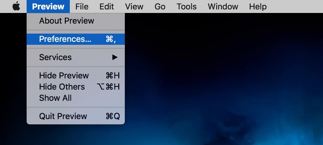 Preview's Menu showing Preferences option on the Mac