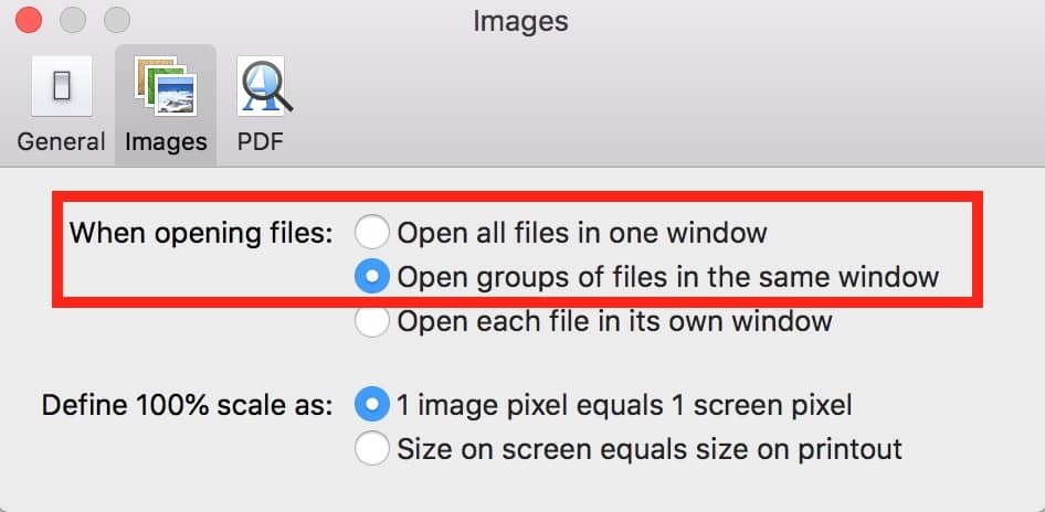 Preview Preferences Window showing When opening files options