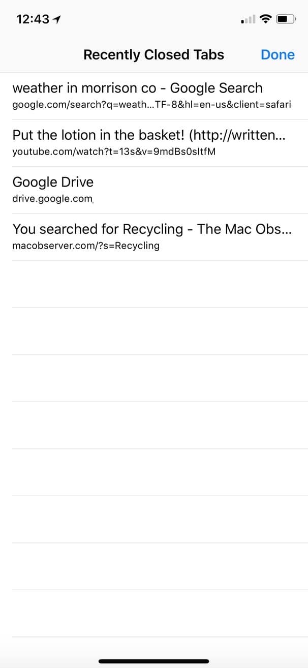 Recently Closed Tabs Screen on iPhone