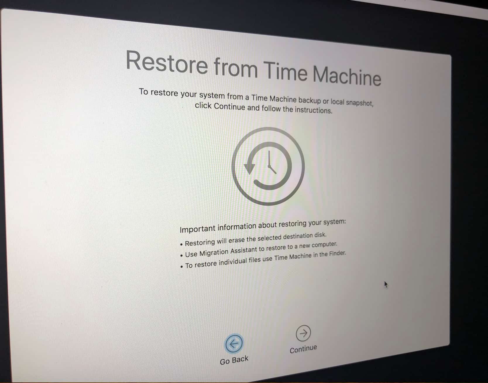 Restore from Time Machine Warning Screen in macOS Recovery Mode