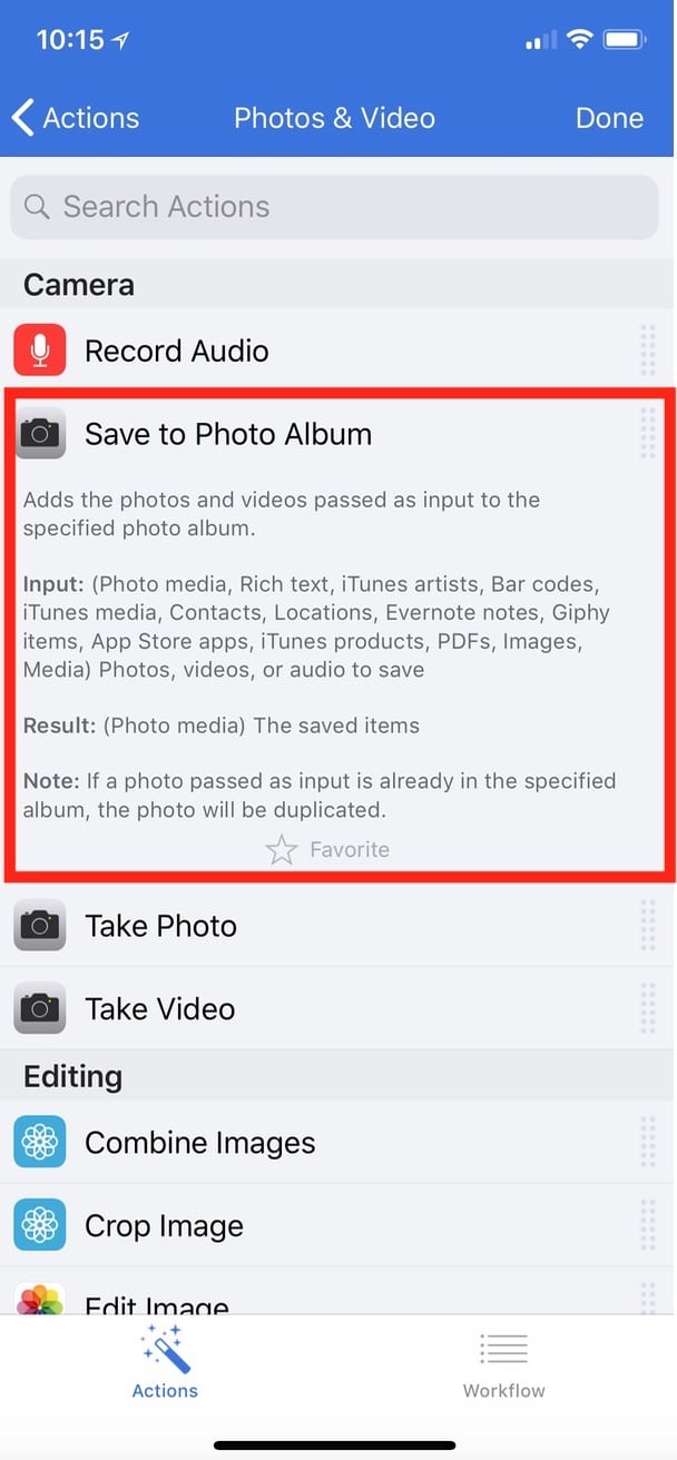 "Save to Photo Album" Action in Workflow on iPhone X