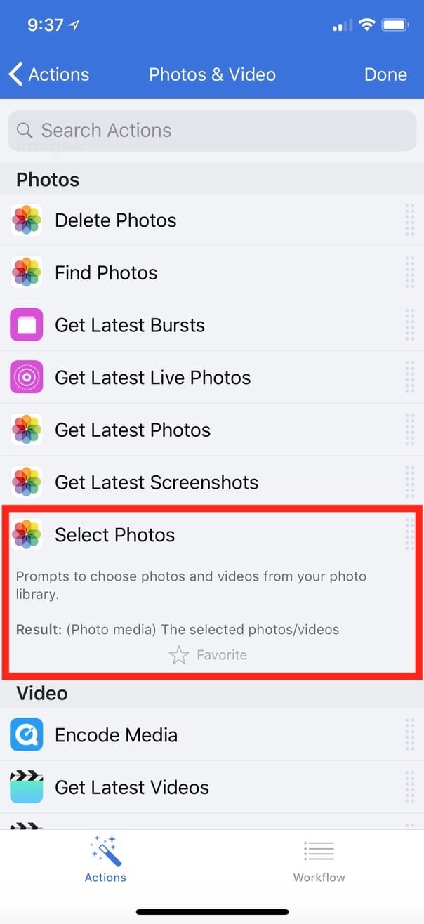 "Select Photos" Action in Workflow on iPhone X