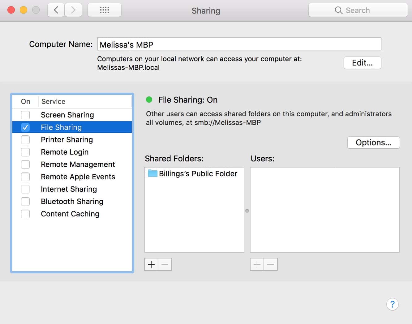 macOS Sharing Settings with File Sharing enabled