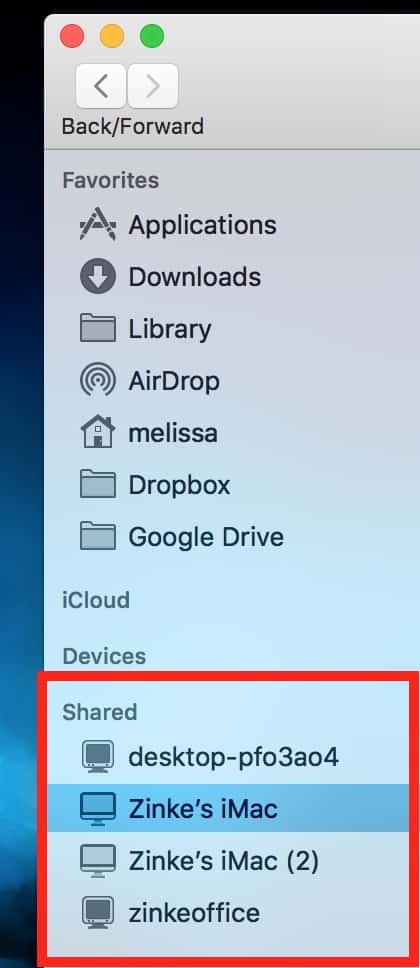 macOS Finder Sidebar showing shared computers