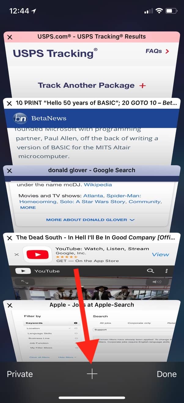 Plus Button on iPhone in Safari tabs view lets you add a new tab or open one you recently closed