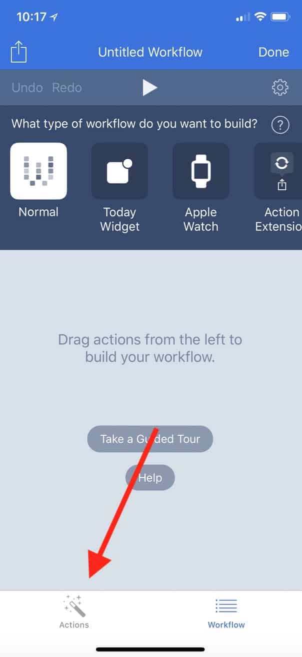 Actions Tab lets you choose modules to include in your Workflow