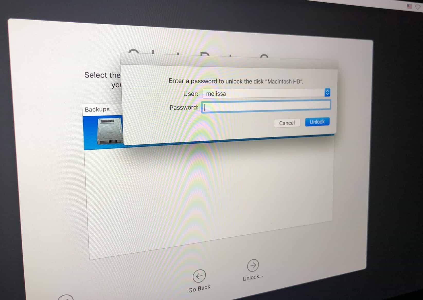macOS Unlock Disk dialog for FileVault in Recovery Mode