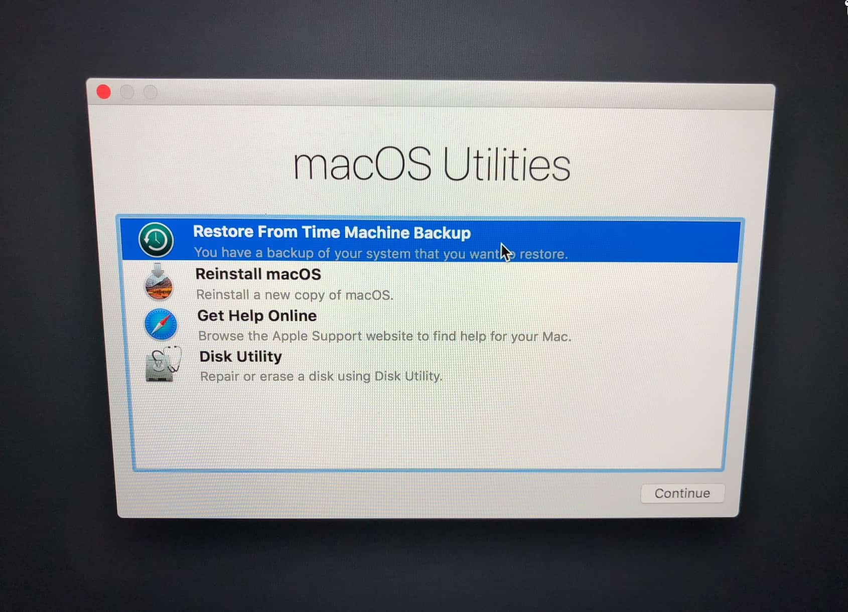 macOS Utilities Screen in Recovery Mode