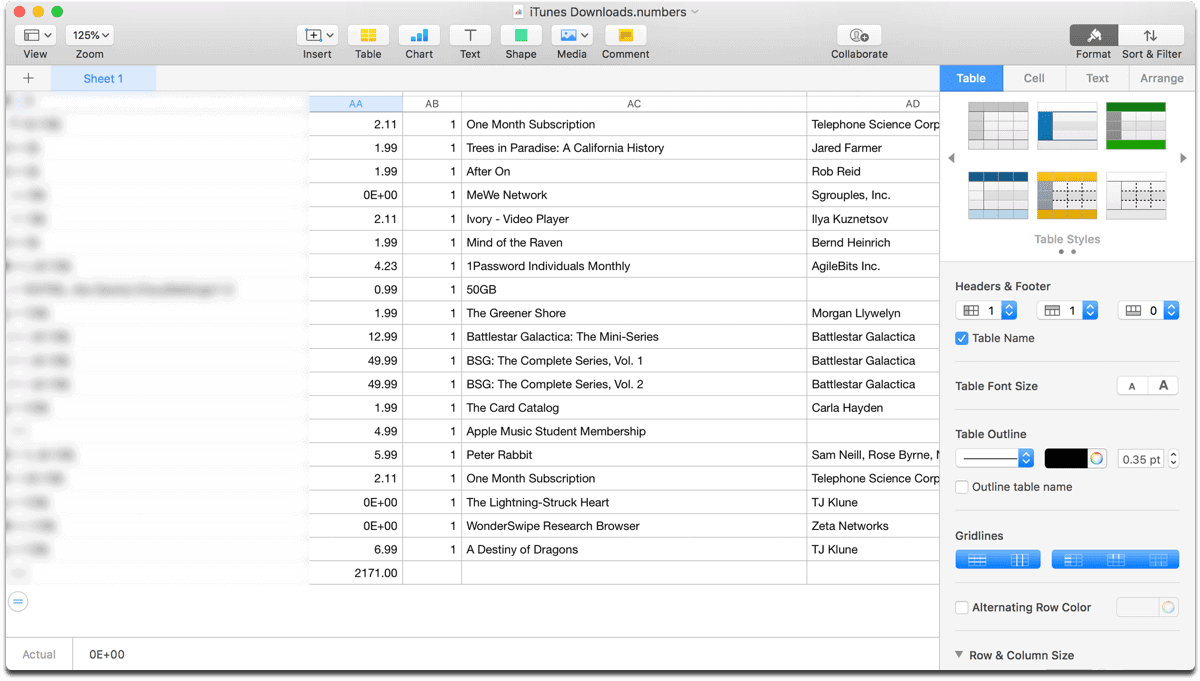 Screenshot of my Apple data download spreadsheet.