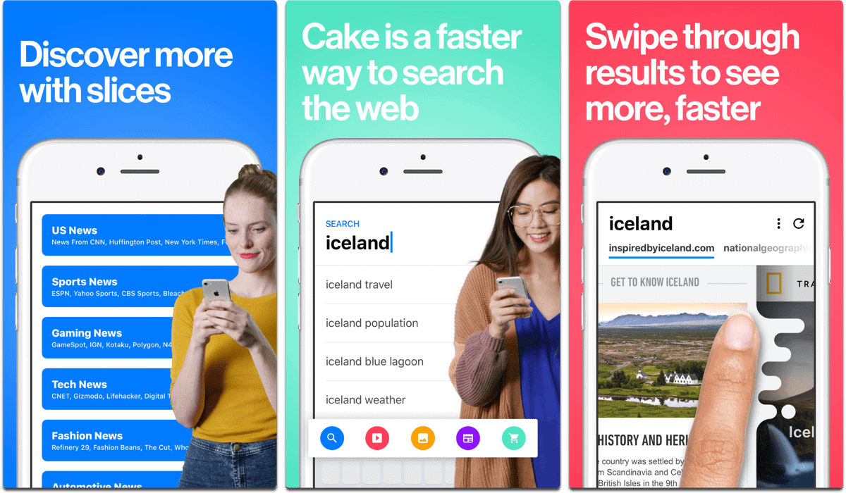 Screenshots of Cake browser in our list of iOS browsers.
