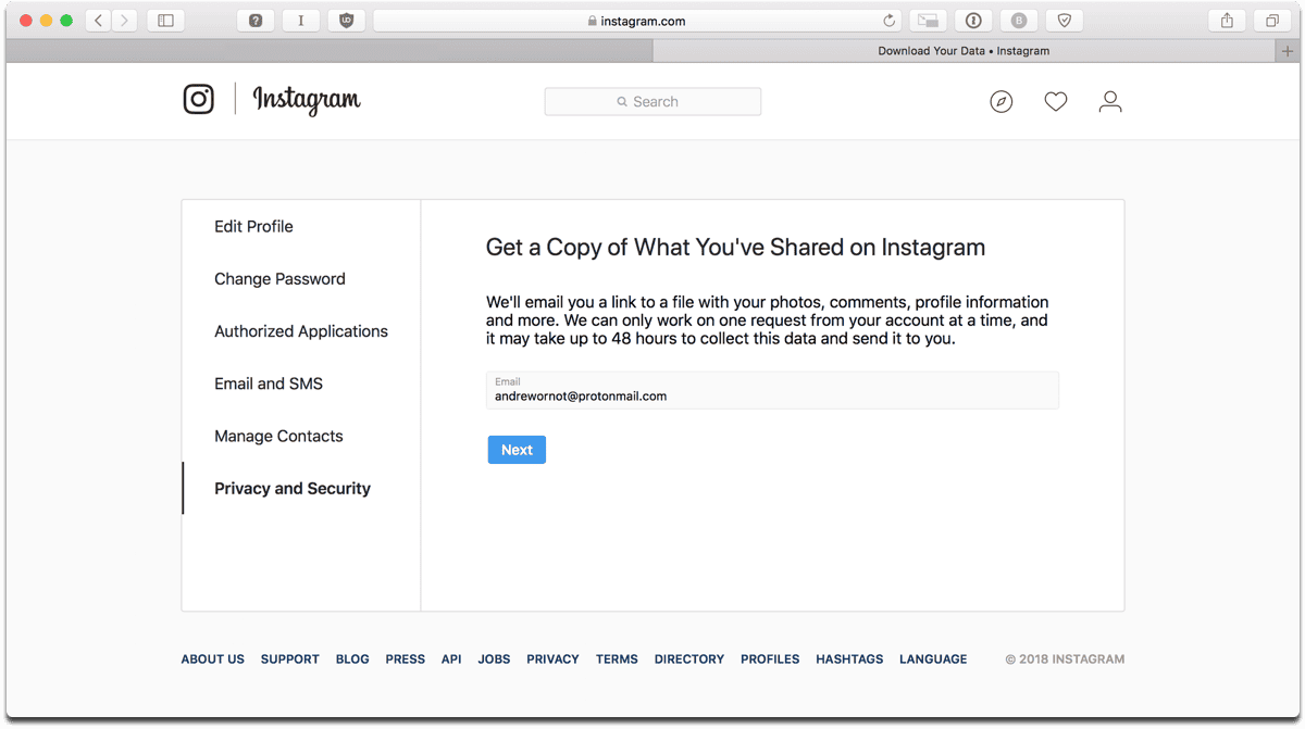 Download Instagram data in a browser on a laptop or desktop.