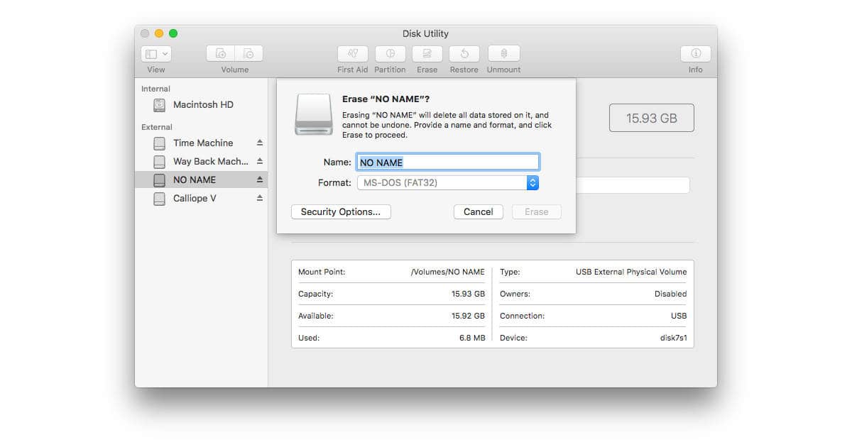 Disk Utility app on the Mac showing SD card format options