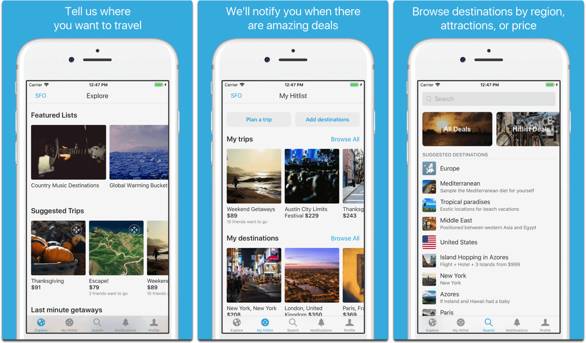 Screenshots of Hitlist, an app to help plan your summer vacation.