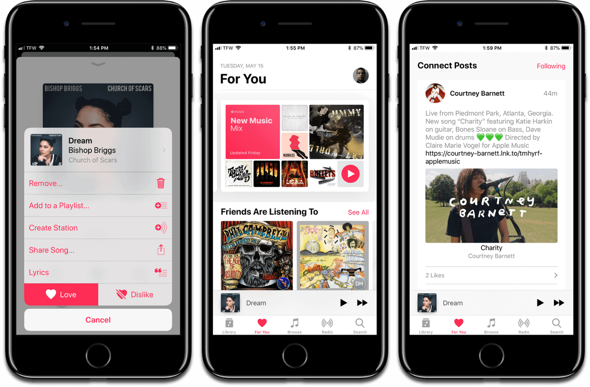 Image of loving a song, the For You section, and Apple Music Connect, to improve Apple Music.