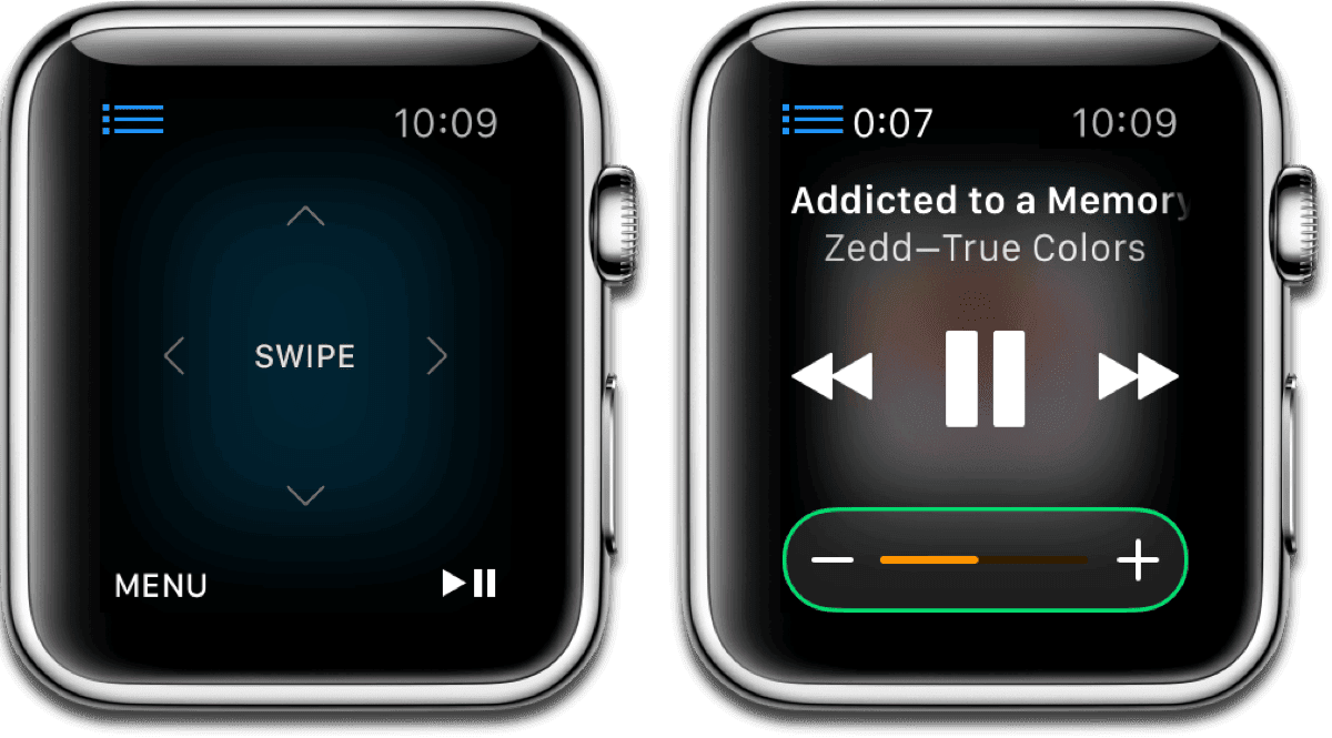 On the left: Using Apple Watch as Apple TV remote. On the right: Using Apple Watch as iTunes remote.