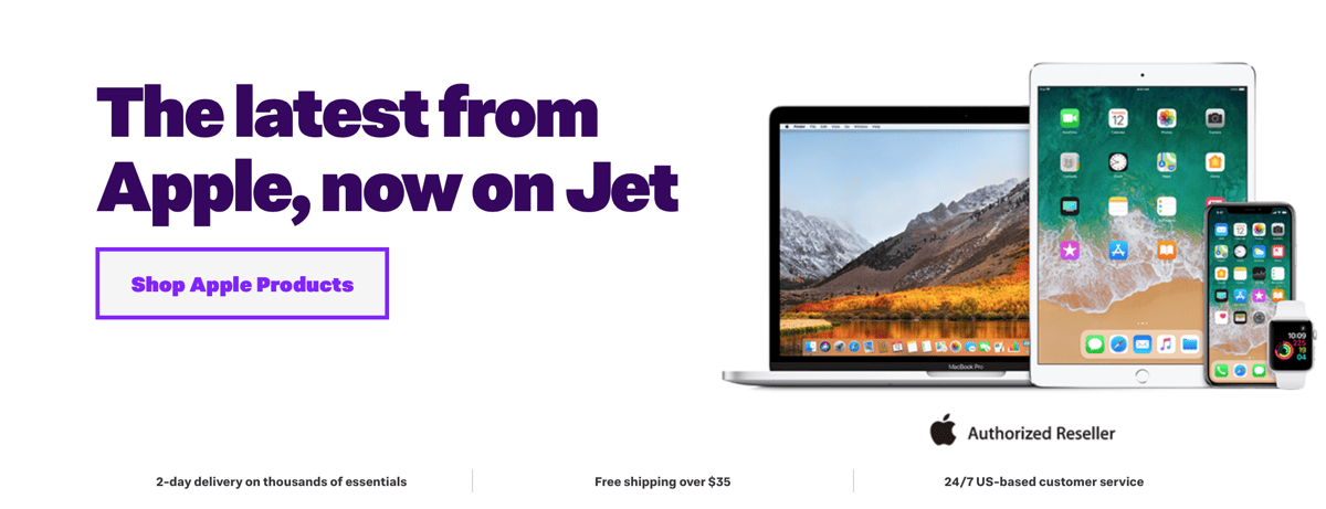 Jet is now an Apple Authorized Retailer. Image of a banner ad from Jet.