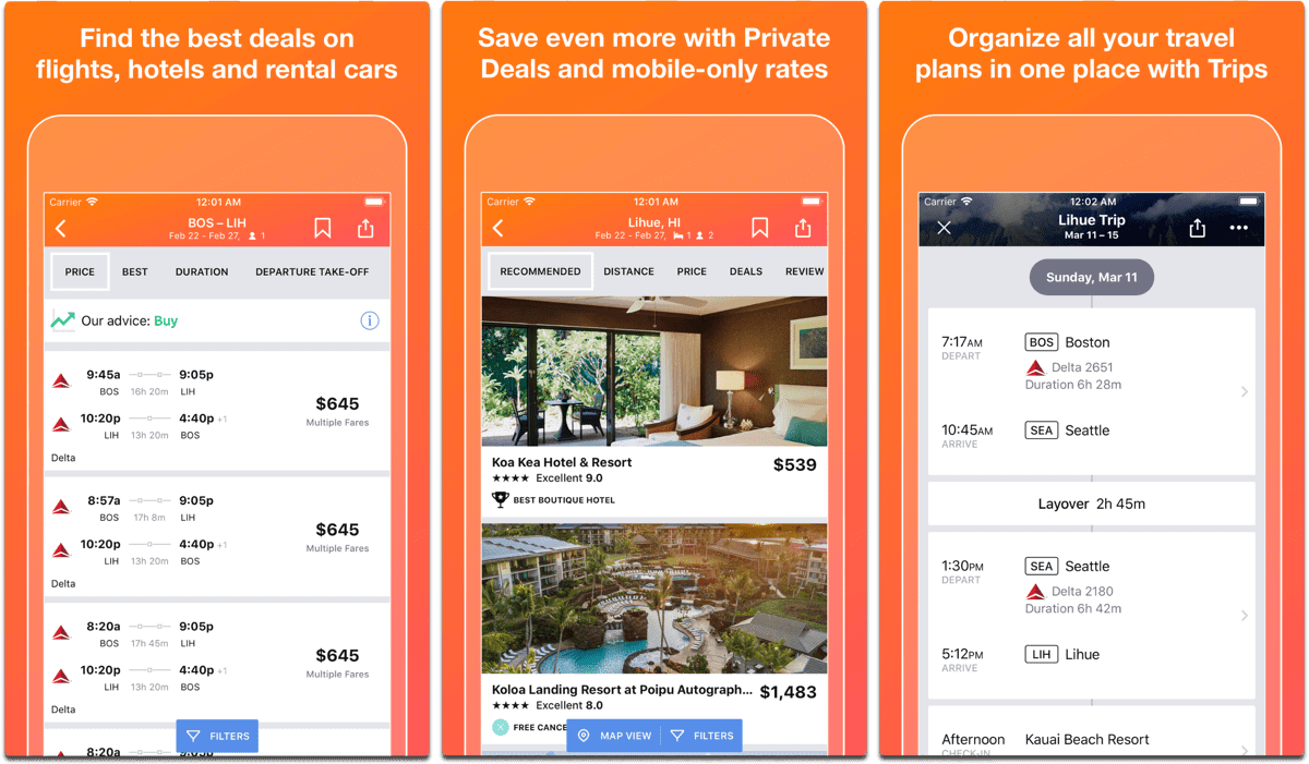 Screenshots of Kayak, an app to help plan your summer vacation.