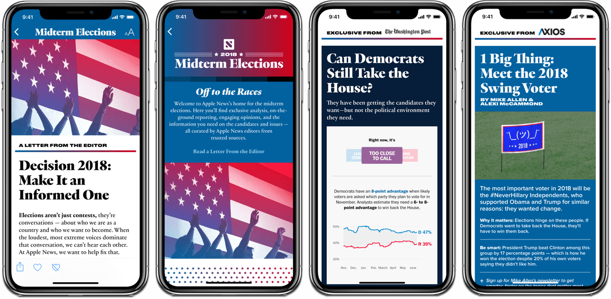 Images of the 2018 midterm elections section in Apple News.