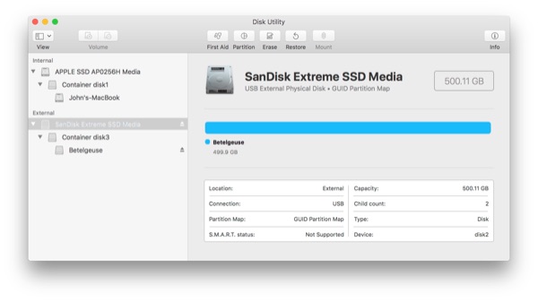 DIsk Utility and proper display of containers.