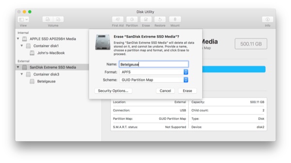 Disk utility: Erase SSD, format as APFS